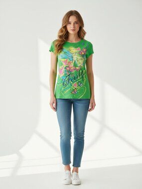 Disney Tinker Bell Feisty Graphic T-Shirt Y2K Green Fairy Butterfly Tee